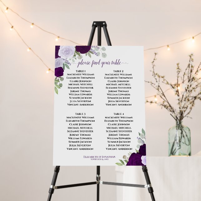 4 Table Purple Boho Roses Wedding Seating Chart Foam Board (In Situ (Stand))