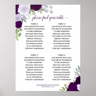 4 Table Purple Roses Elegant Wedding Seating Chart