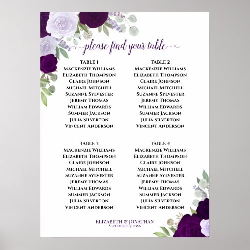 4 Table Purple Roses Elegant Wedding Seating Chart