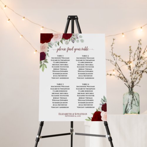 4 Table Red  Pink Floral Wedding Seating Chart Foam Board