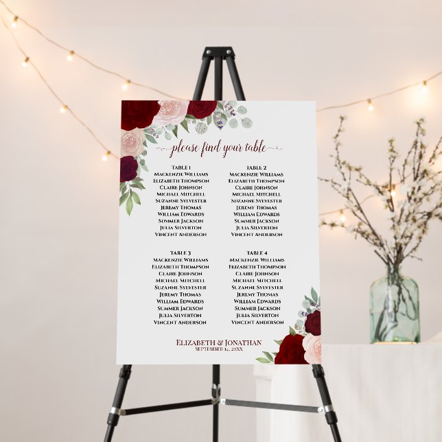 4 Table Red & Pink Floral Wedding Seating Chart Foam Board (In Situ (Stand))