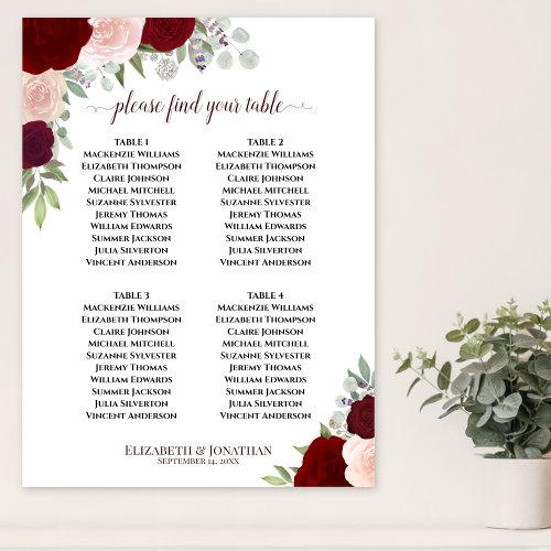 4 Table Red  Pink Roses Wedding Seating Chart