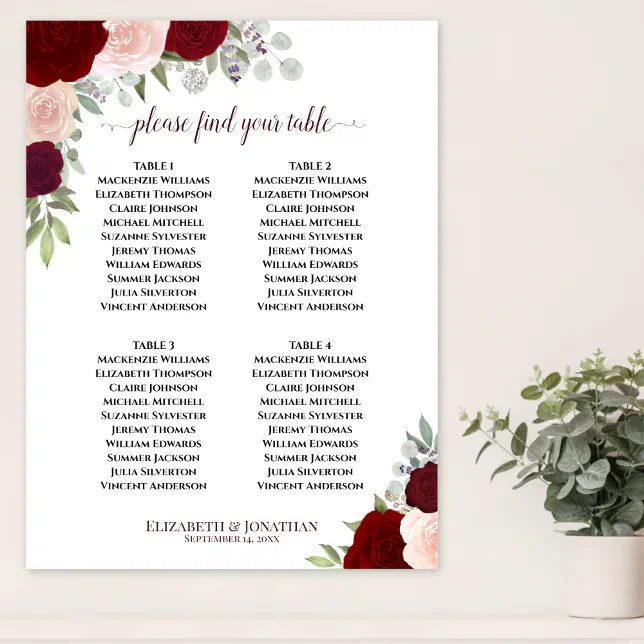 Red Roses Table Seating 4 Table Red & Pink Roses Wedding Seating Chart | Zazzle
