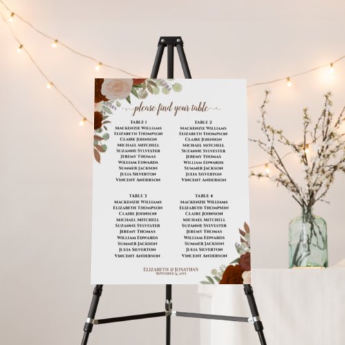 4 Table Rust Orange Floral Wedding Seating Chart Foam Board