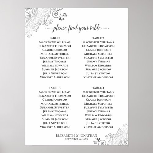 4 Table Silver Frills Wedding Seating Chart