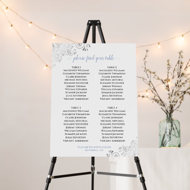 4 Table Silver Lace & Blue on White Seating Chart Foam Board (In Situ (Stand))