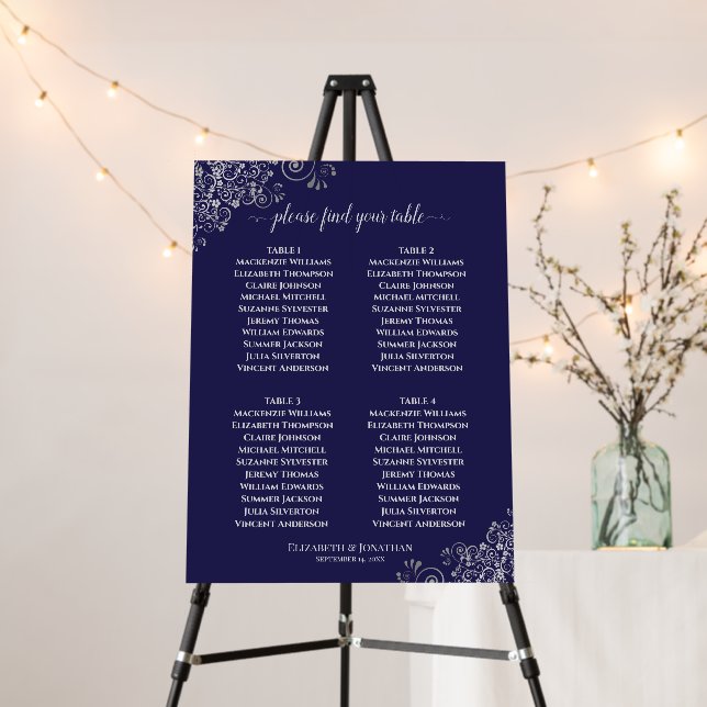 4 Table Silver Lace on Navy Blue Seating Chart Foam Board (In Situ (Stand))