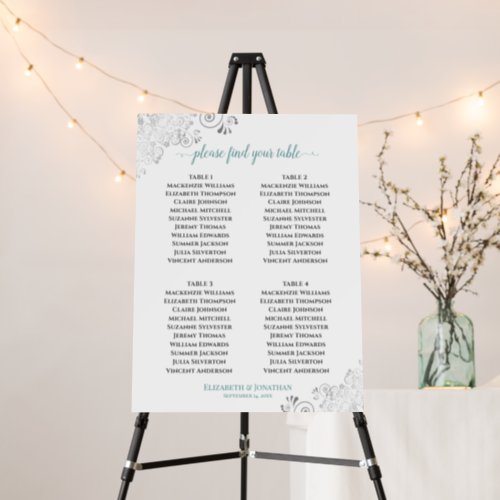 4 Table Silver Lace  Teal on White Seating Chart Foam Board