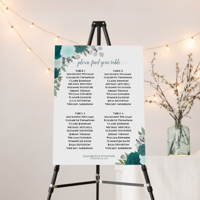 4 Table Teal Boho Roses Wedding Seating Chart Foam Board (In Situ (Stand))