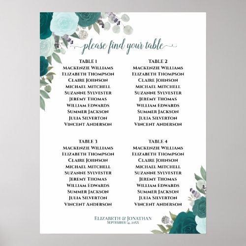 4 Table Teal Roses Elegant Wedding Seating Chart