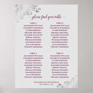 4 Table Wedding Seating Chart Magenta on Gray