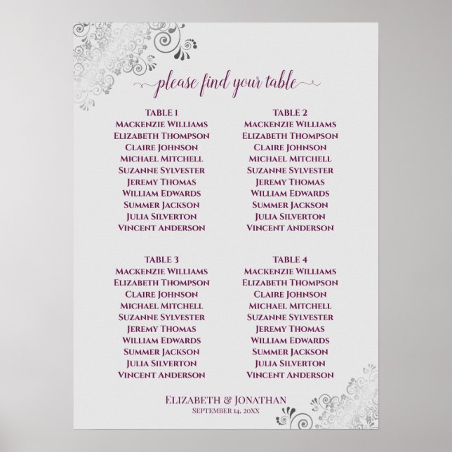 4 Table Wedding Seating Chart Magenta on Gray (Front)