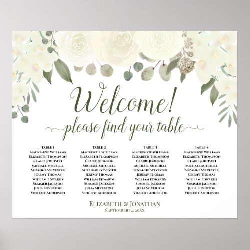 4 Table White Floral Wedding Welcome Seating Chart