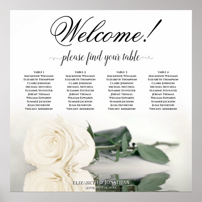 4 Table White Rose Elegant Wedding Seating Chart (Front)
