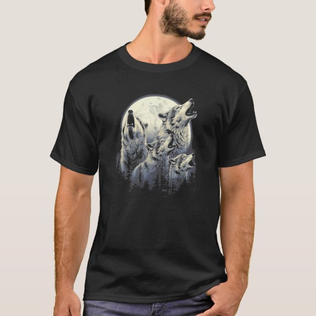 4 Wolves Howling Full Moon in Background - Wolf Lo T-Shirt (Front)