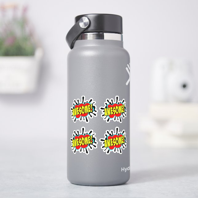 4 x AWESOME Burst Pop Art Yellow on Red 4" Vinyl Sticker (HydroFlask)