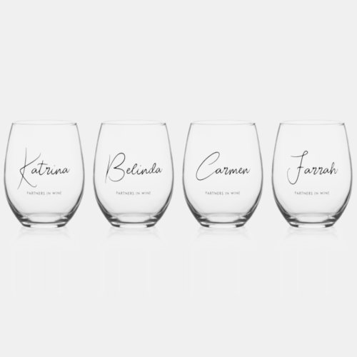 4 x Elegant Handwritten Script Names  Custom Text Stemless Wine Glass