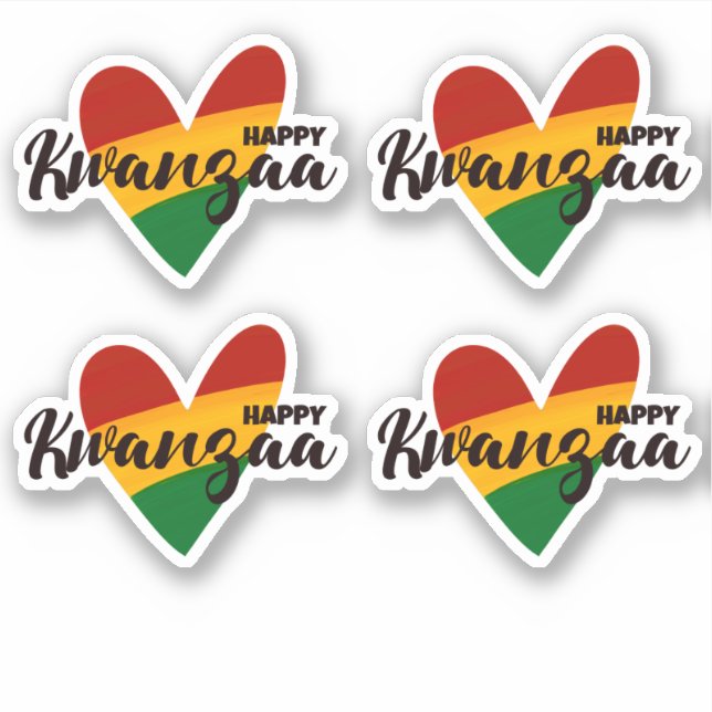 4 x Happy Kwanzaa Red Yellow Green Striped Hearts Sticker (Front)