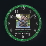 4 Year Anniversary Photo Black And Green Glitter   Round Clock<br><div class="desc">Unique  4th anniversary wall clock to celebrate  4 years of love.Personalize the unique black and turquoise blue glitter wedding clock with the couple photo, name and years. Green is the color for 4th wedding anniversary and the blue glitter clock makes a perfect gift for the couple.</div>