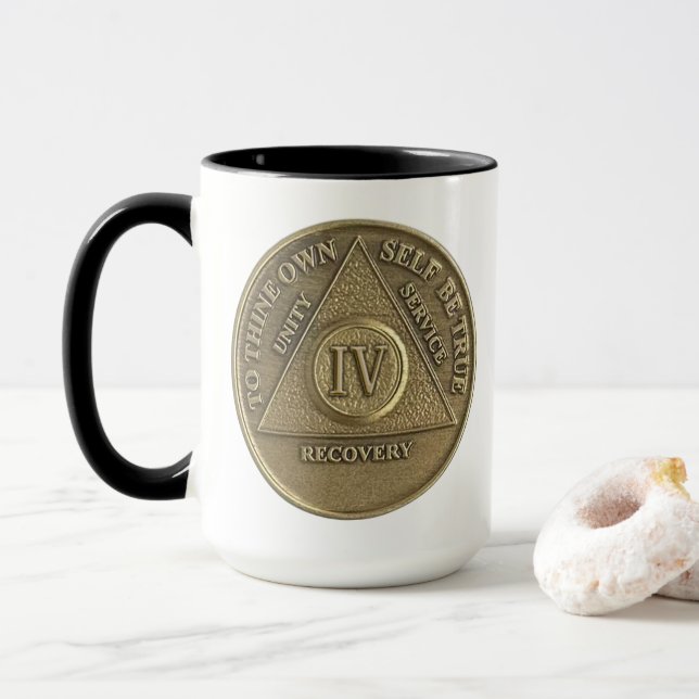 4 Year CUSTOM NAME Sober Coin Anniversary Mug (With Donut)
