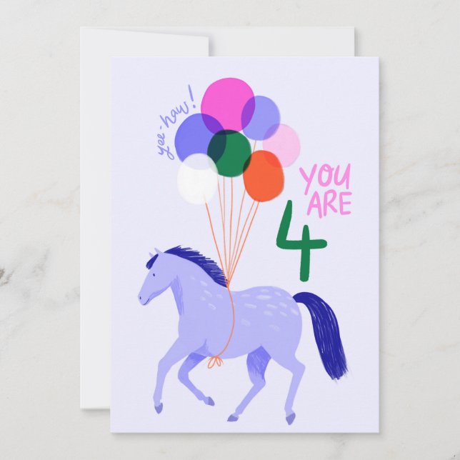 4 Year Old Birthday Card with Horse & Balloons (Front)