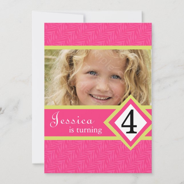 4 Year Old Birthday Party Invitations Zebra GIRL (Front)