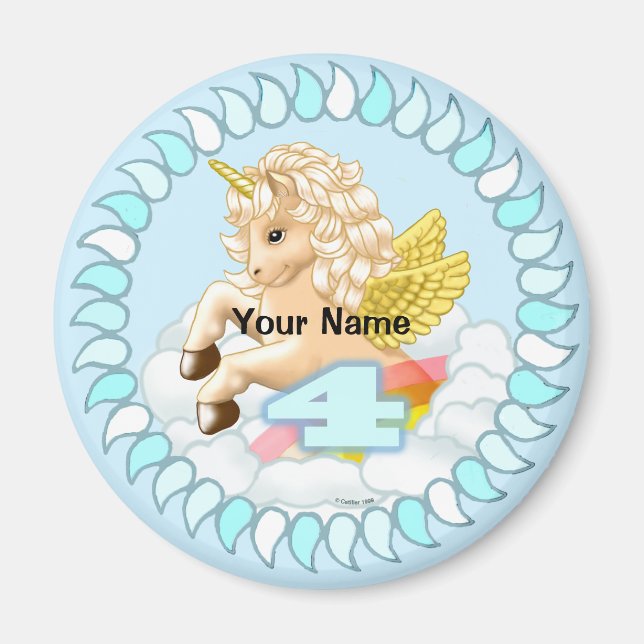 4 year old Birthday Unicorn magnet (Front)