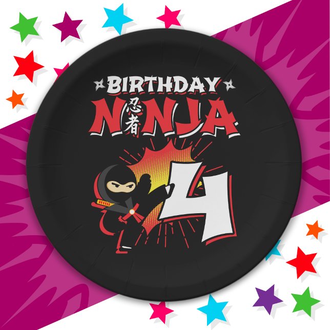 4 Year Old Comic Book Style Ninja 4th Birthday Paper Plates (Creator Uploaded)