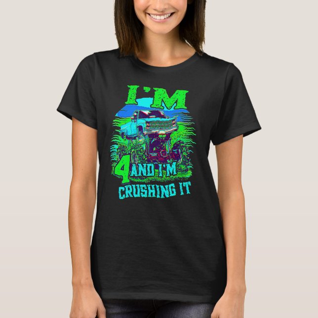 4 Year Old Crushing It Monster Truck 4th Birthday T-Shirt (Front)