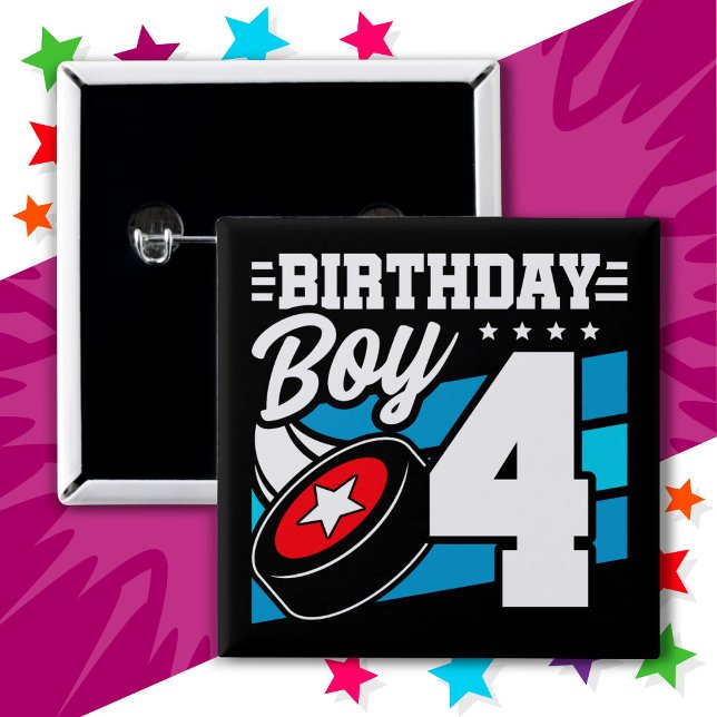 4 Year Old Hockey Party Theme 4th Birthday Boy Button (Creator Uploaded)