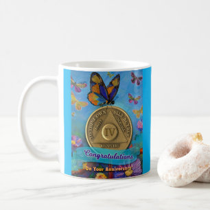 4 Year Sober Coin Congratulations Butterflies  Coffee Mug
