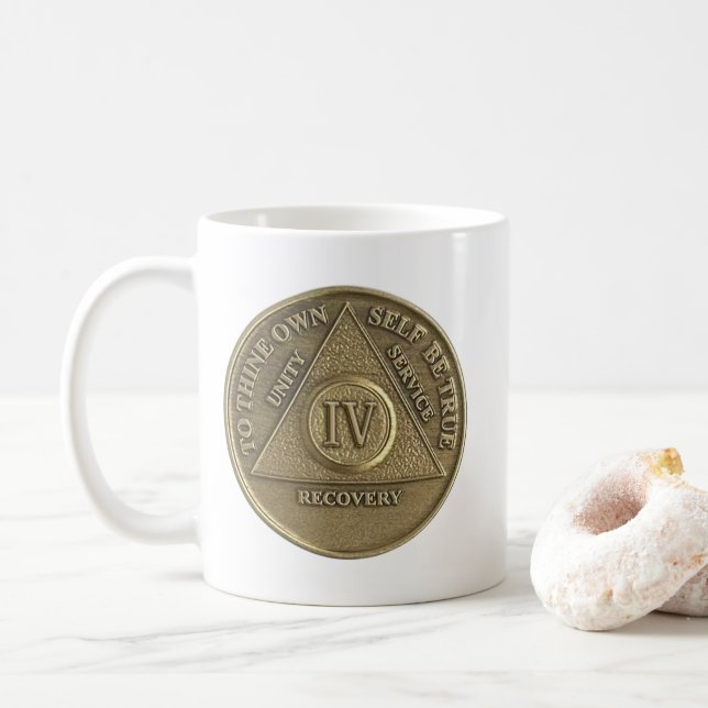 4 Year Sober Medallion Coin Happy Anniversary Coffee Mug (With Donut)