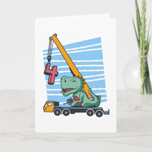 4 years 4th Birthday Mobile Crane Dinosaur Card