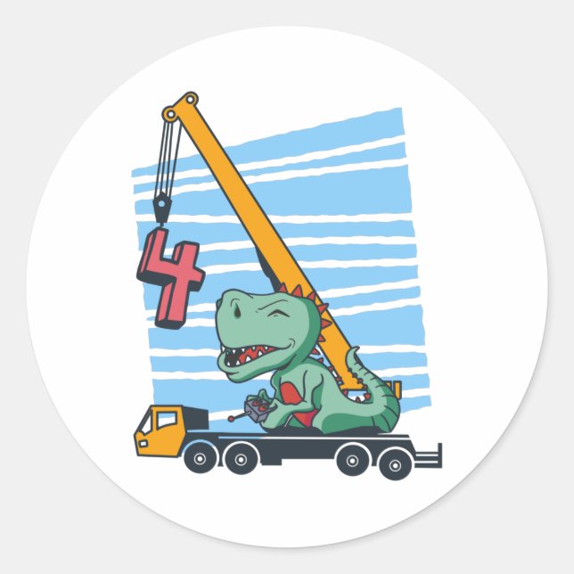4 years 4th Birthday Mobile Crane Dinosaur Classic Round Sticker (Front)
