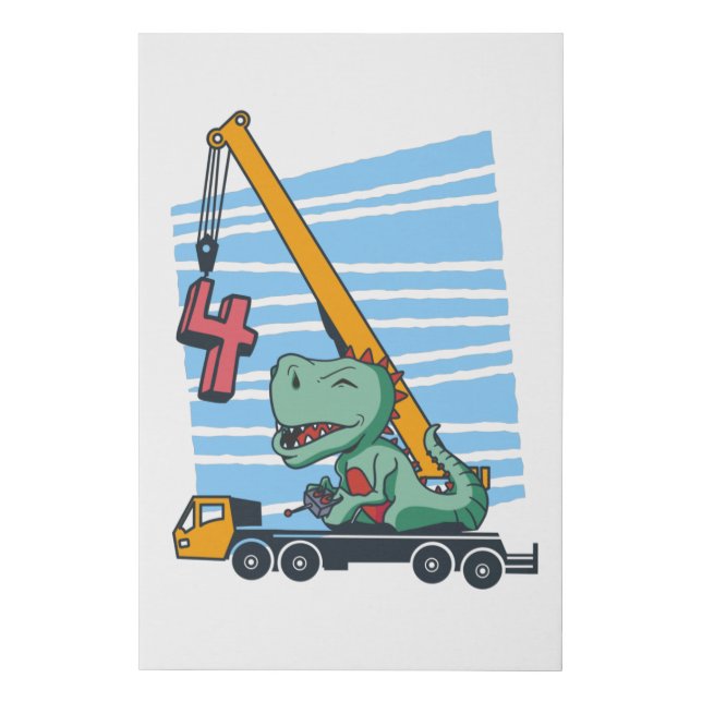 4 years 4th Birthday Mobile Crane Dinosaur Faux Canvas Print (Front)
