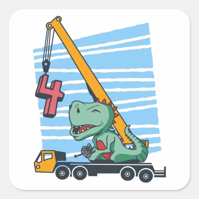 4 years 4th Birthday Mobile Crane Dinosaur Square Sticker (Front)