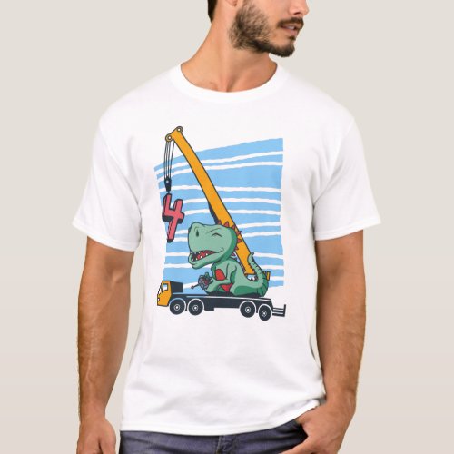 4 years 4th Birthday Mobile Crane Dinosaur T_Shirt