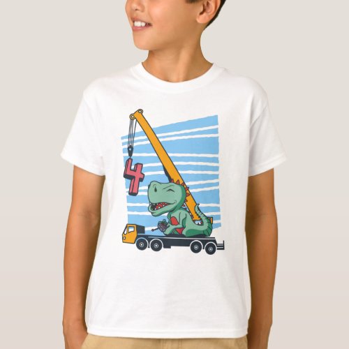4 years 4th Birthday Mobile Crane Dinosaur T_Shirt