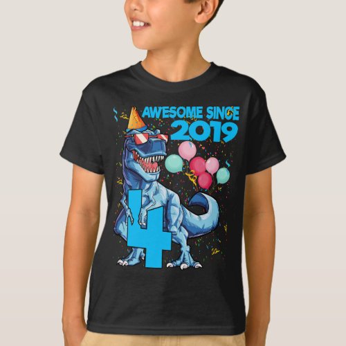 4 Years Old 4th Birthday Dinosaur Boy Party 2019 T_Shirt
