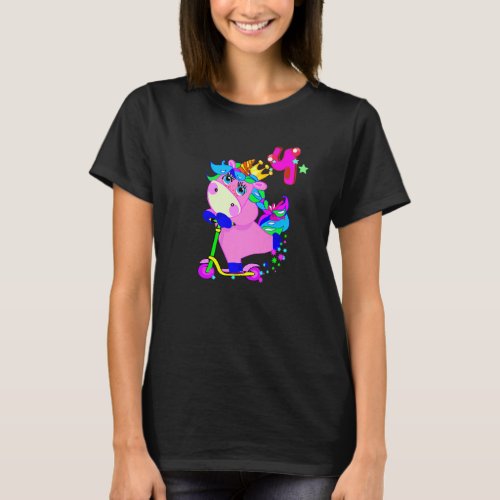 4 Years Old 4th Birthday Unicorn  Riding Scooter C T_Shirt