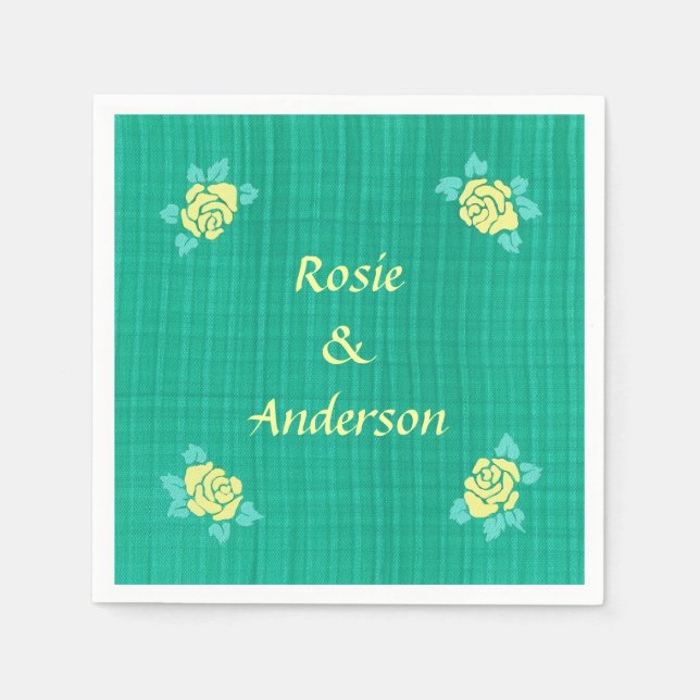 4 Yellow Roses on Green Teal Plaid Napkins (Front)