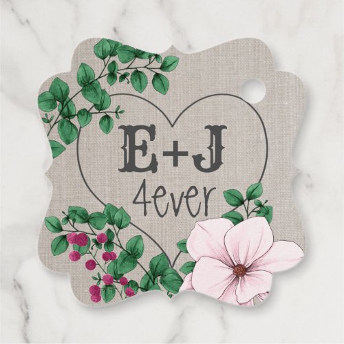 4ever Newlyweds Initials Heart Pink Green Florals Favor Tags