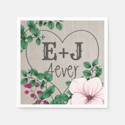 4ever Newlyweds Initials Heart Pink Green Florals Napkins