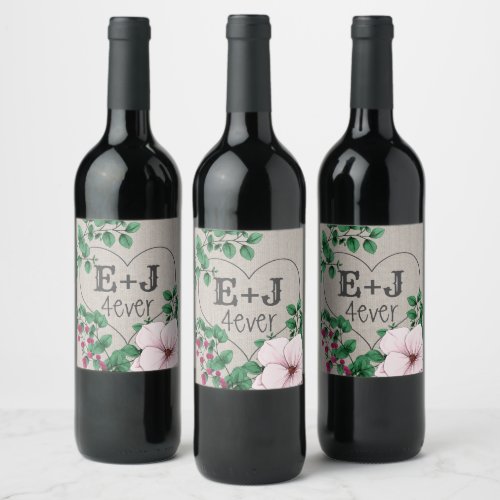 4ever Newlyweds Initials Heart Pink Green Florals Wine Label