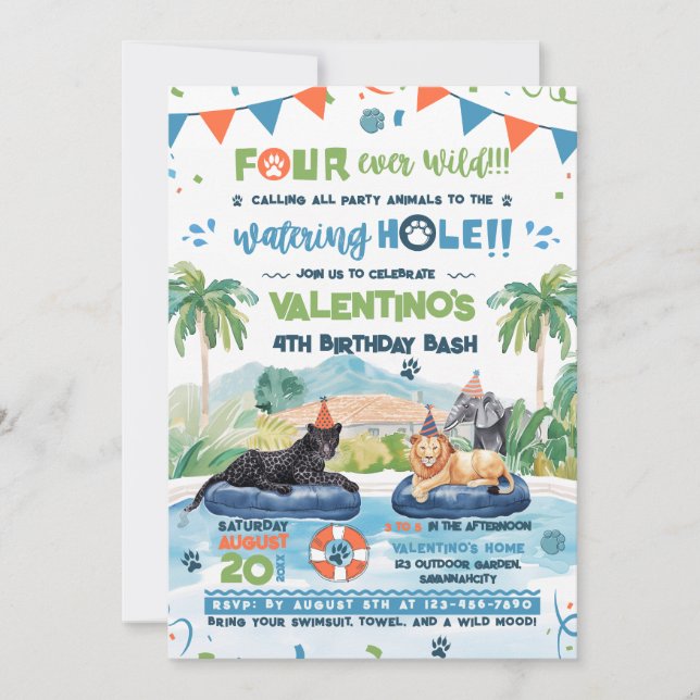 4Ever Wild Animals Pool Party Birthday Invitation (Front)