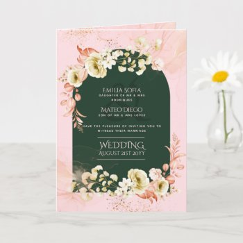 4pg Emerald Green Pink Floral Wedding Invite Prog