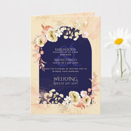 4pg Navy Blue Coral Floral Wedding Invite Program