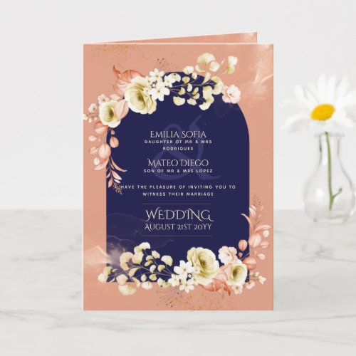 4pg Navy Blue Coral Floral Wedding Invite Program