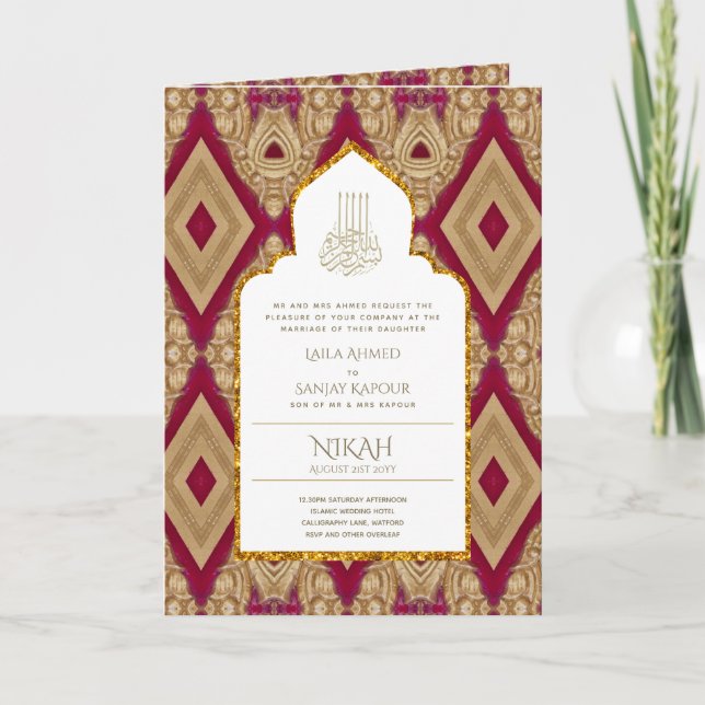 4Pg NIKAH WALIMA Invite Red Gold Ornate (Front)