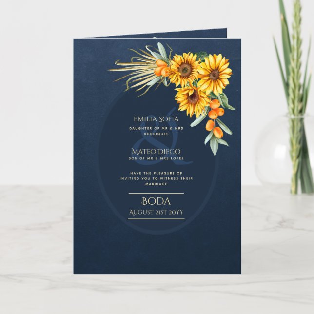4pg Spanish BODA invitations, Blue Sunflowers  Car Card (Front)